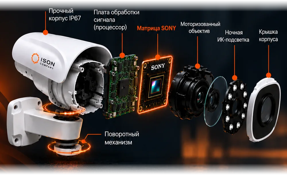 Камера ISON в разрезе: прочный корпус IP67, плата обработки сигнала, матрица SONY, моторизованный объектив, ночная ИК-подсветка, крышка корпуса, поворотный механизм