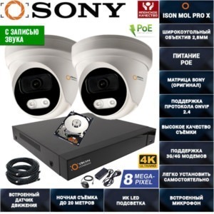 IP POE система видеонаблюдения со звуком НА 2 КАМЕРЫ ISON MOL PRO X-2 с жестким диском