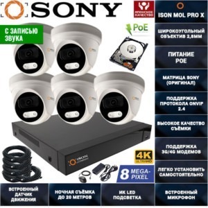 IP POE система видеонаблюдения со звуком НА 5 КАМЕР ISON MOL PRO X-5 с жестким диском