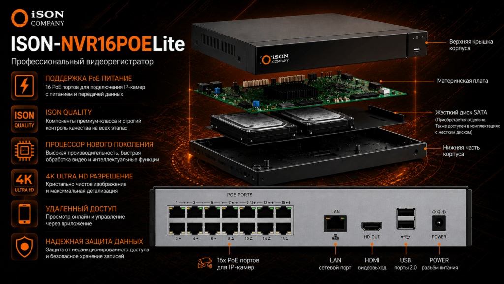 ПРОФЕССИОНАЛЬНЫЙ IP POE ВИДЕОРЕГИСТРАТОР ISON-NVR16POELITE