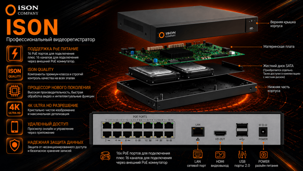 ПРОФЕССИОНАЛЬНЫЙ IP POE ВИДЕОРЕГИСТРАТОР ISON-NVR16POE