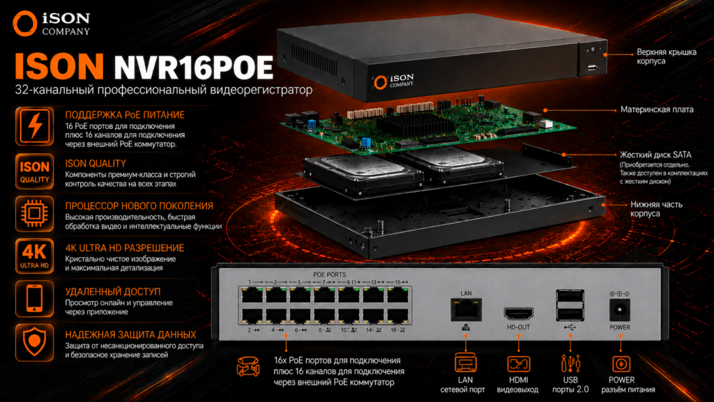 ПРОФЕССИОНАЛЬНЫЙ IP POE РЕГИСТРАТОР ISON-NVR16POE-2