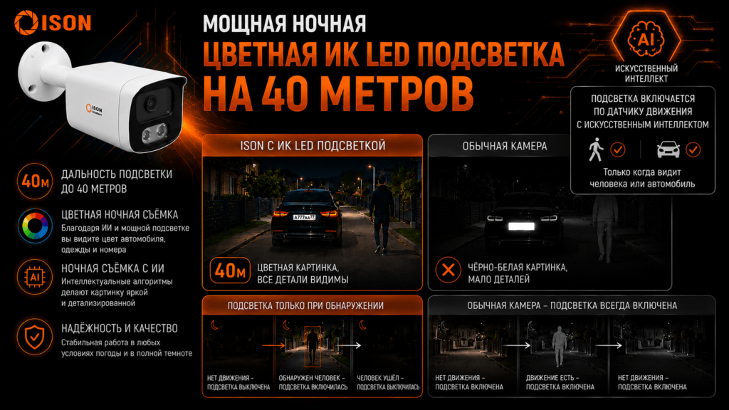 СИСТЕМА ВИДЕОНАБЛЮДЕНИЯ ISON ALFA/TRONС МОЩНОЙ ЦВЕТНОЙ НОЧНОЙ СЪЁМКОЙ до 40 метров