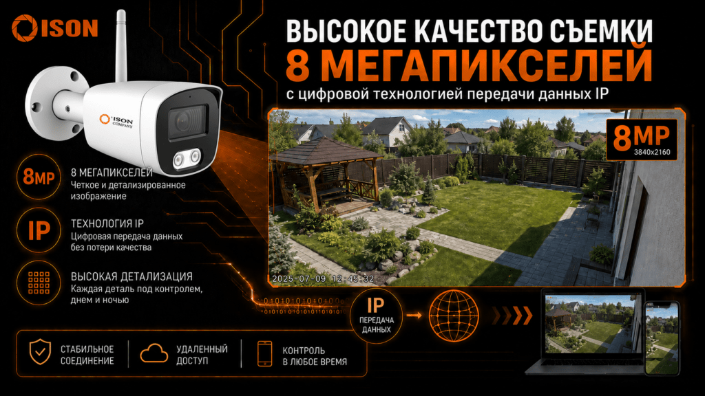 БЕСПРОВОДНАЯ WI-FI СИСТЕМА ВИДЕОНАБЛЮДЕНИЯ ISON AIR. КАМЕРЫ ВИДЕОНАБЛЮДЕНИЯ 8 МЕГАПИКСЕЛЕЙ